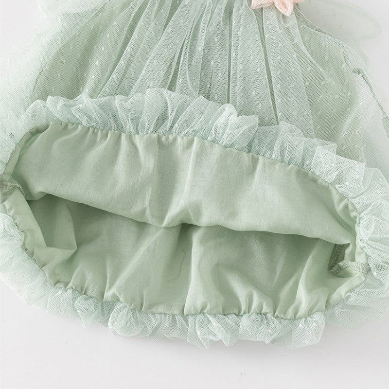 Girls Green Embellished Shoulder Straps Mini Dress