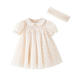 Girls Beige Floral Embroidered Peter Pan Collar Cotton A-Line Dress