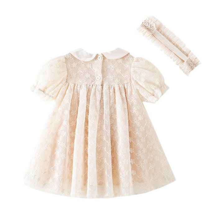 Girls Beige Floral Embroidered Peter Pan Collar Cotton A-Line Dress