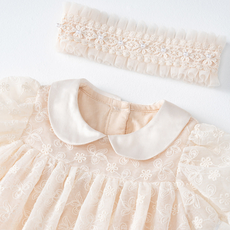 Girls Beige Floral Embroidered Peter Pan Collar Cotton A-Line Dress