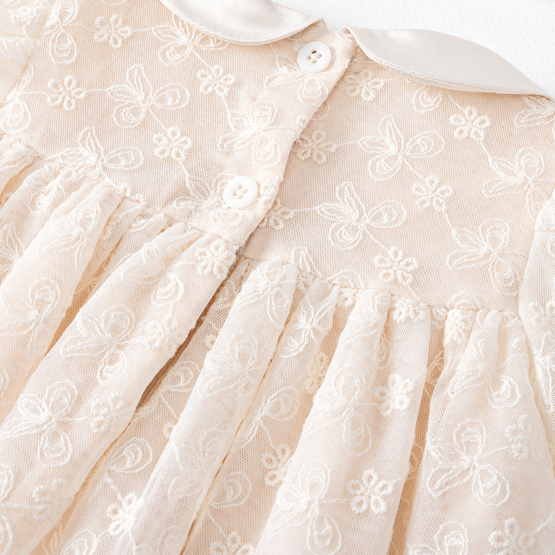 Girls Beige Floral Embroidered Peter Pan Collar Cotton A-Line Dress