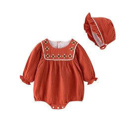 Red Infant Girls Embroidered Cotton Romper With Cap