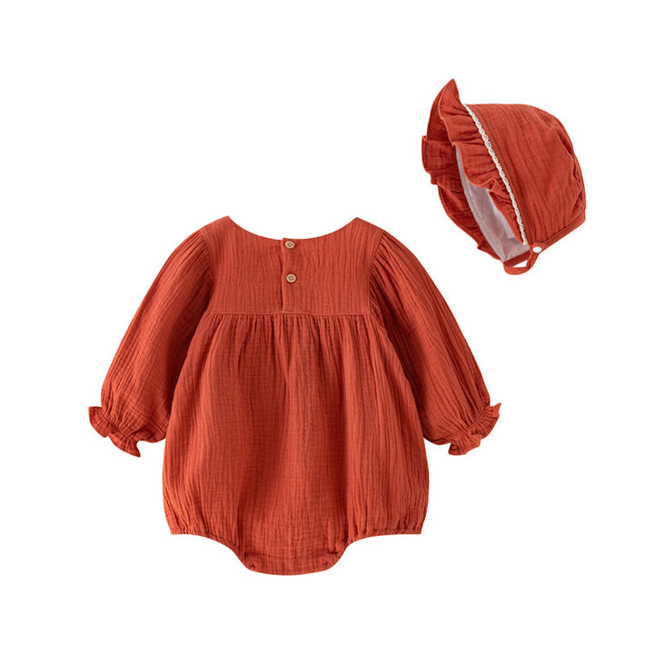 Red Infant Girls Embroidered Cotton Romper With Cap