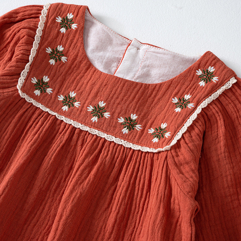 Red Infant Girls Embroidered Cotton Romper With Cap