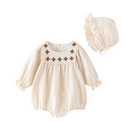 Infants Girls Beige Floral Embroidered Cotton Bodysuit With Cap