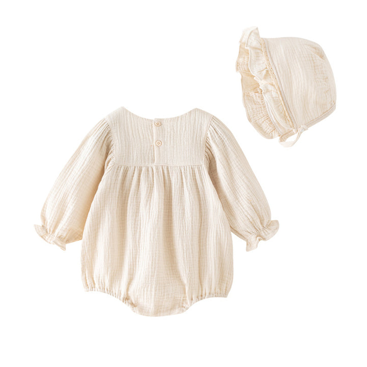 Infants Girls Beige Floral Embroidered Cotton Bodysuit With Cap