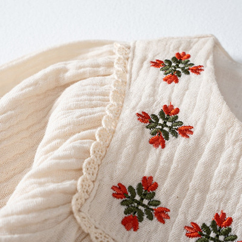 Infants Girls Beige Floral Embroidered Cotton Bodysuit With Cap