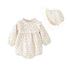 Beige Infants Girls Printed Cotton Romper With Cap