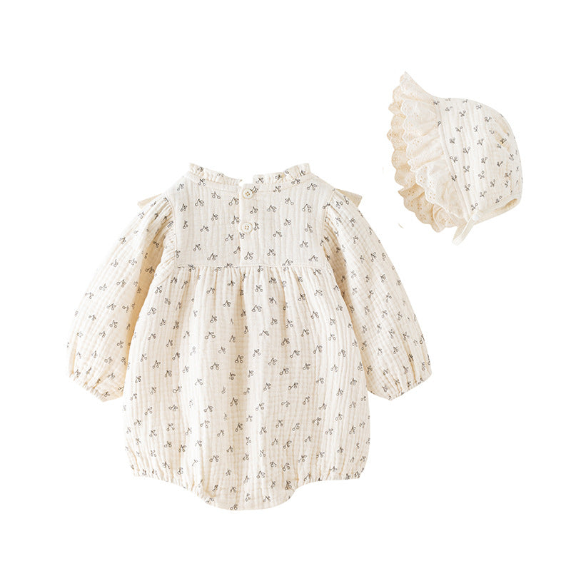 Beige Infants Girls Printed Cotton Romper With Cap