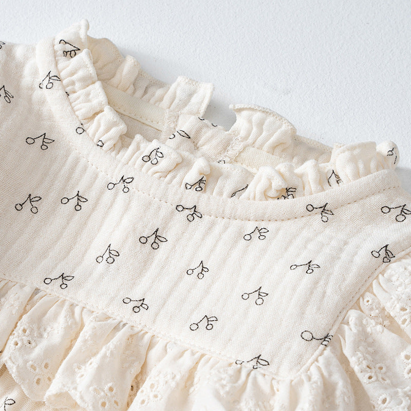 Beige Infants Girls Printed Cotton Romper With Cap