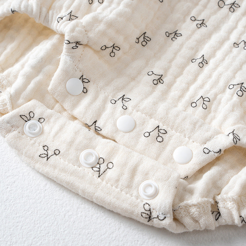 Beige Infants Girls Printed Cotton Romper With Cap