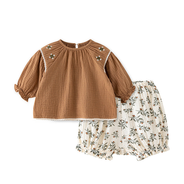 Girls Brown Pure Cotton Top with Floral Printed Shorts