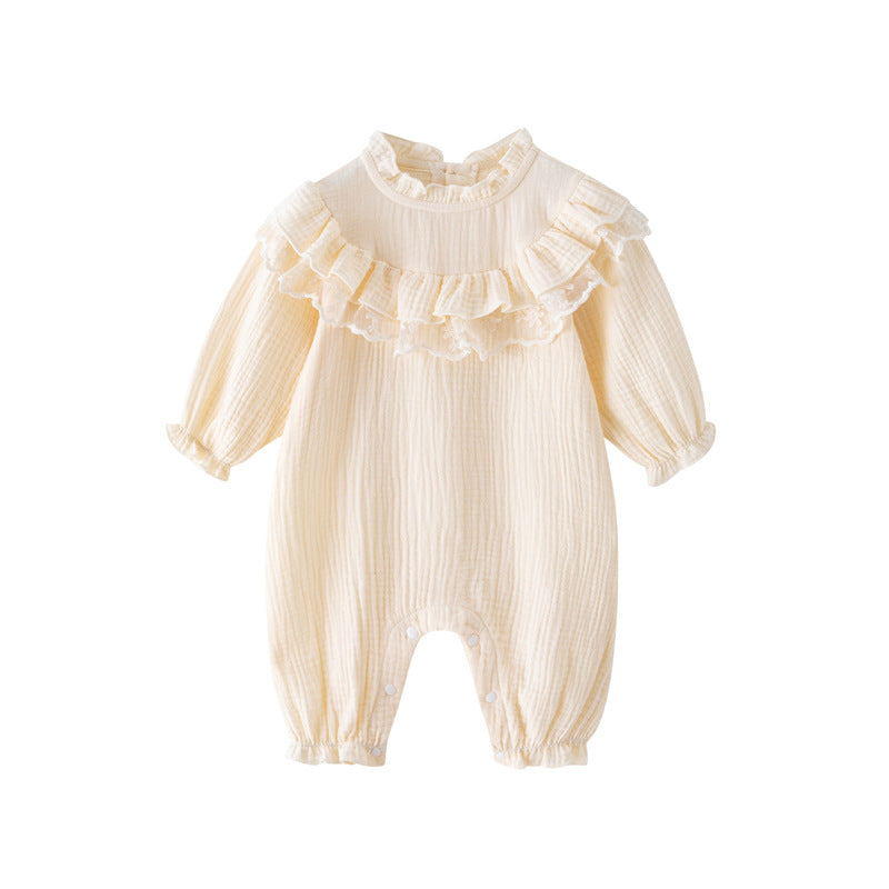 Infants Girls Beige Self Design Cotton Rompers