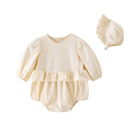 Infant Girls Beige Self Design Cotton Rompers With Cap