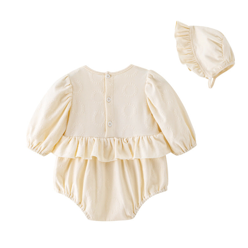 Infant Girls Beige Self Design Cotton Rompers With Cap