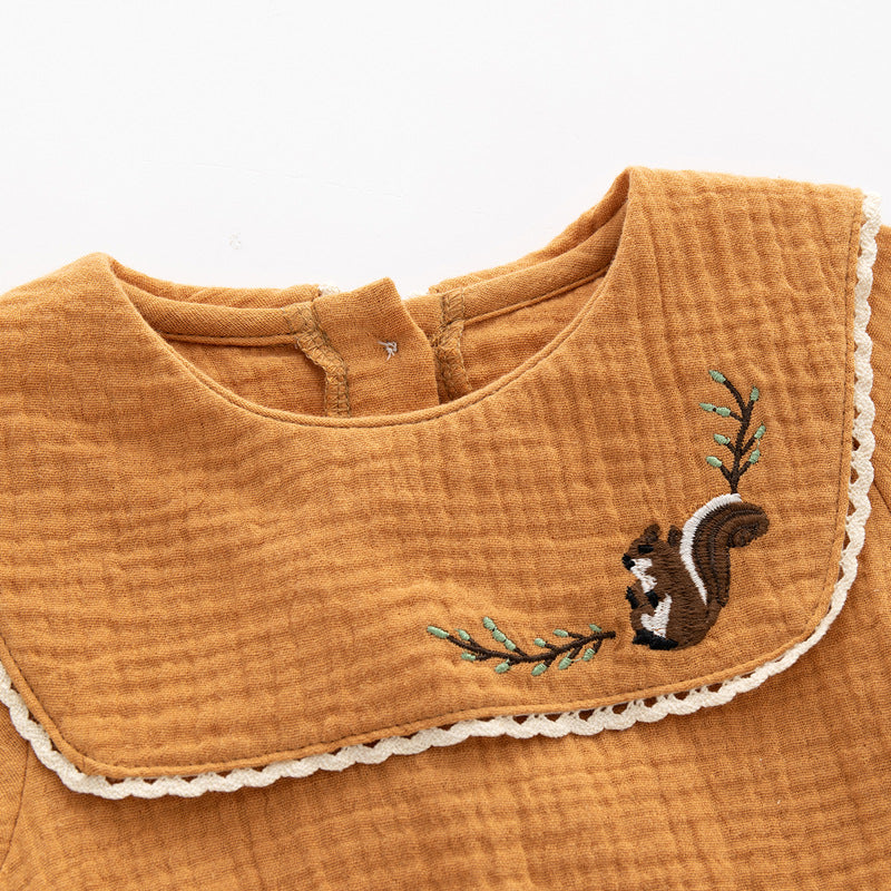 Infant Girls Brown Embroidered Detail Cotton Bodysuit
