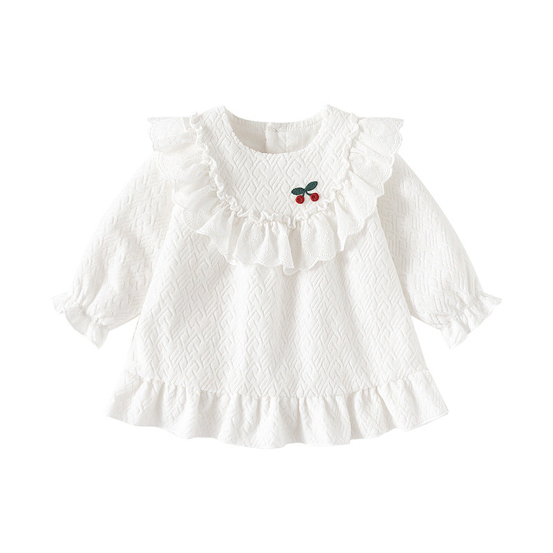 Girls White Self Design A-Line Cotton Dress