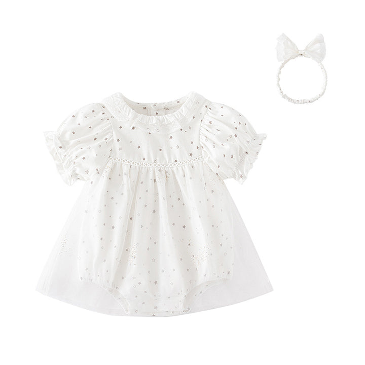 Infant Girls White Conversational Printed A-Line Dress With Attached Bodysuit