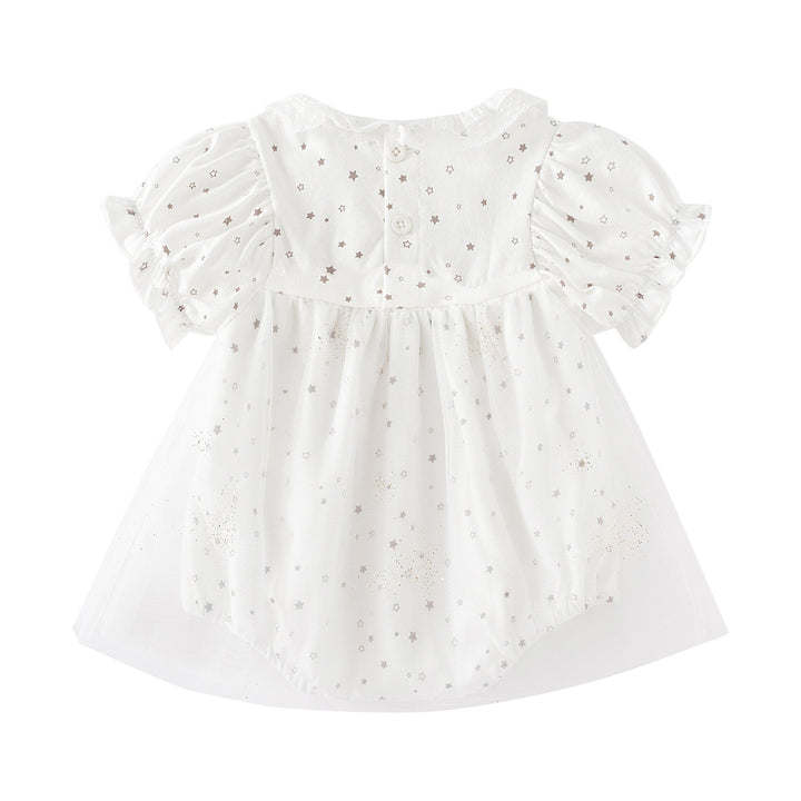 Infant Girls White Conversational Printed A-Line Dress With Attached Bodysuit
