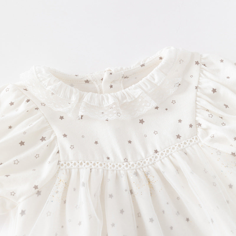 Infant Girls White Conversational Printed A-Line Dress With Attached Bodysuit