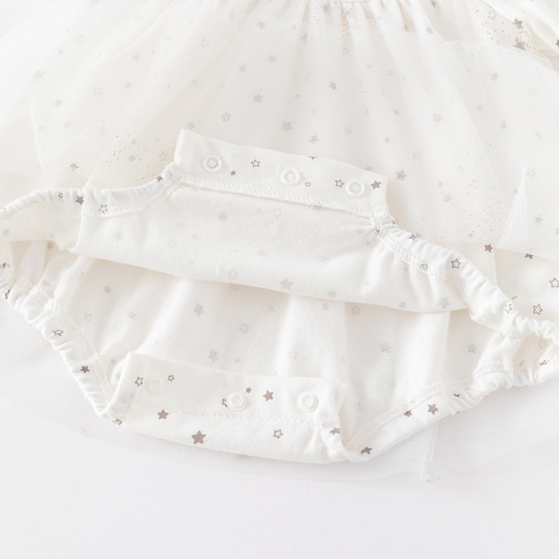 Infant Girls White Conversational Printed A-Line Dress With Attached Bodysuit