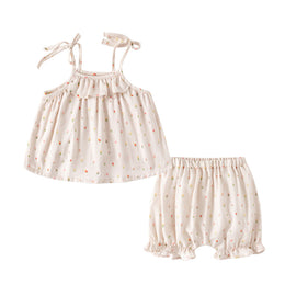 Girls Beige Printed Shoulder Straps Pure Cotton Top with Shorts