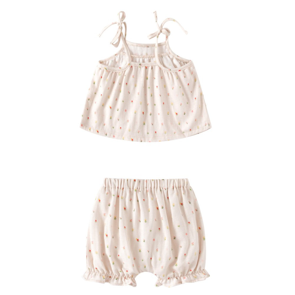 Girls Beige Printed Shoulder Straps Pure Cotton Top with Shorts