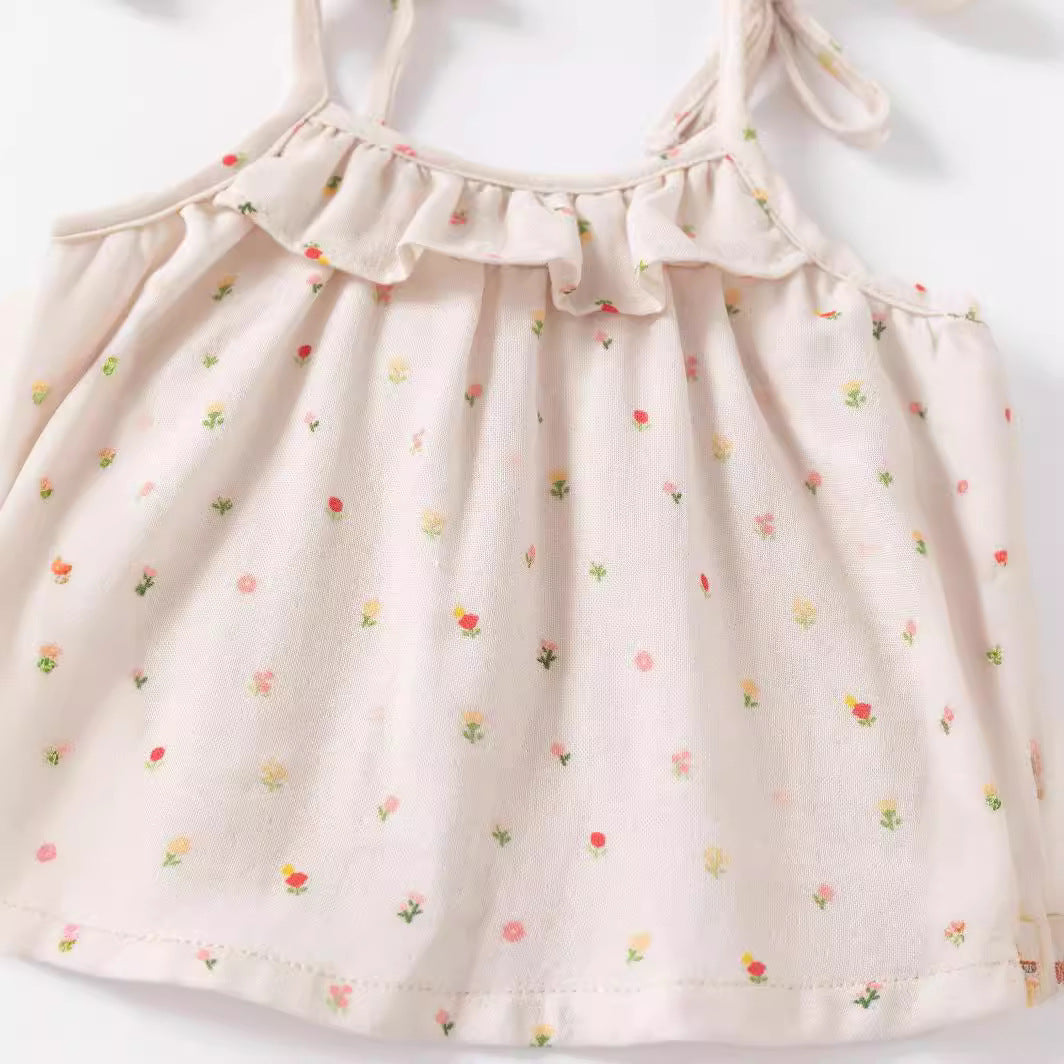 Girls Beige Printed Shoulder Straps Pure Cotton Top with Shorts