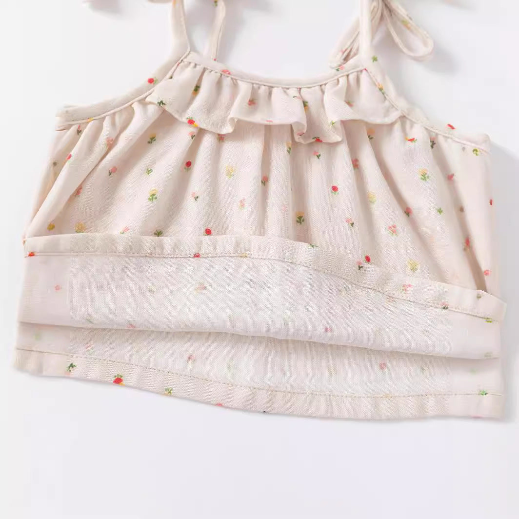 Girls Beige Printed Shoulder Straps Pure Cotton Top with Shorts