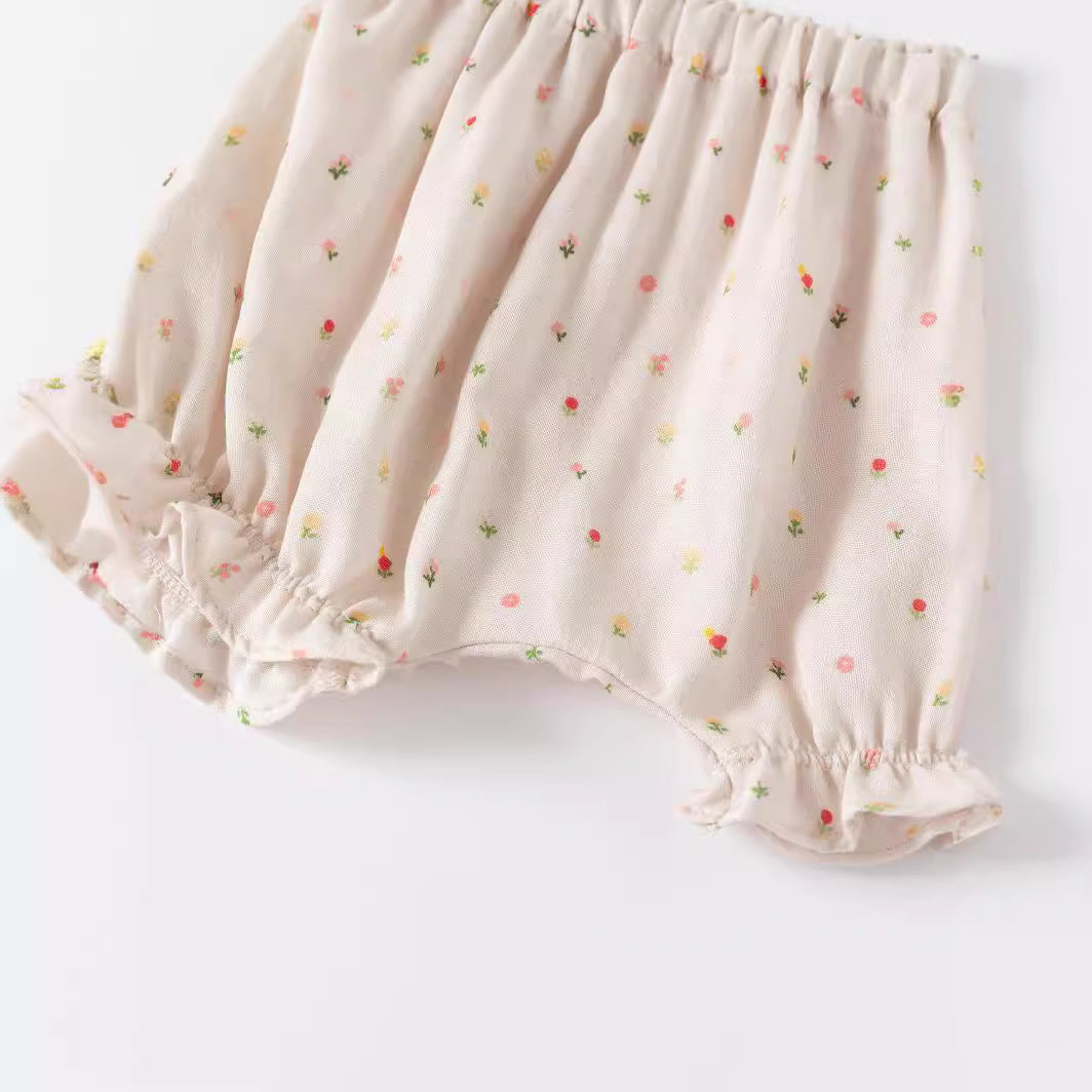 Girls Beige Printed Shoulder Straps Pure Cotton Top with Shorts