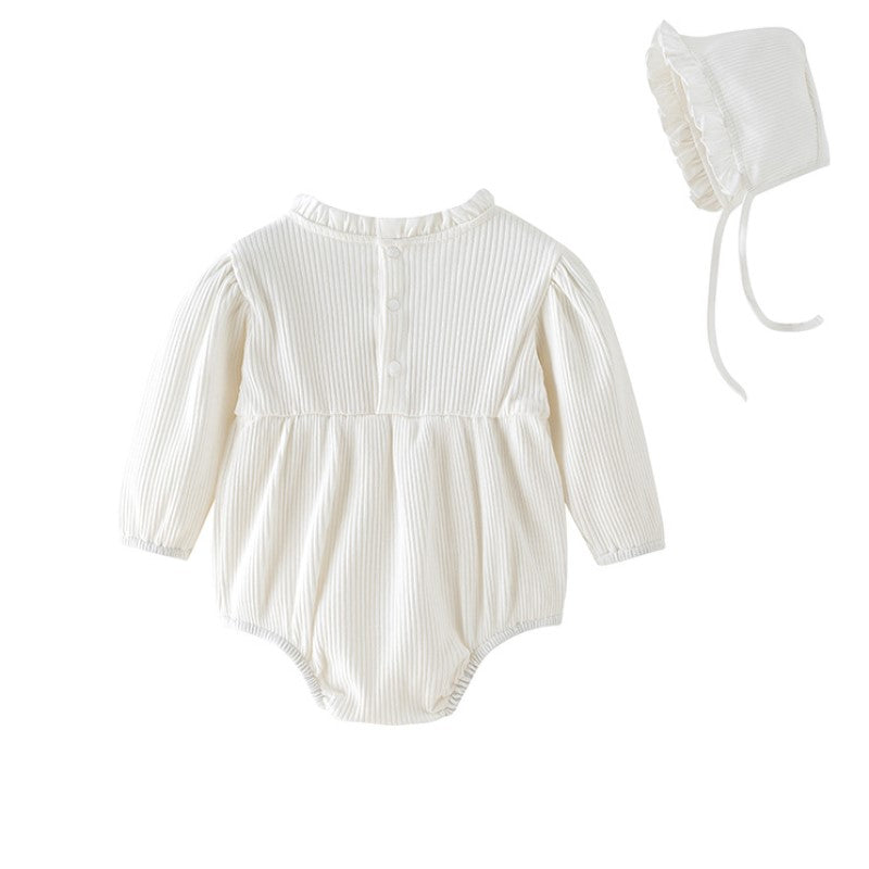 White Infants Girls Cotton Ruffled Cotton Bodysuit With Cap