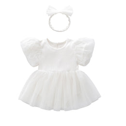Infant Girls White Striped Cotton Fit & Flare Dress With Attached Bodysuit
