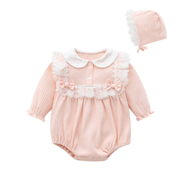 Pink Infant Girls Peter Pan Collar Cotton Bow & Lace Bodysuit