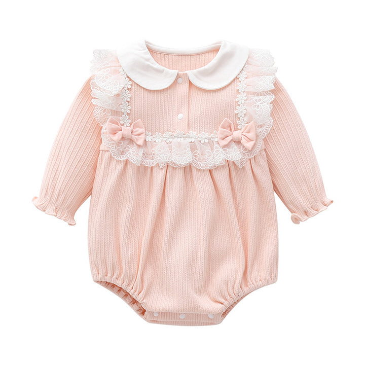 Pink Infant Girls Peter Pan Collar Cotton Bow & Lace Bodysuit