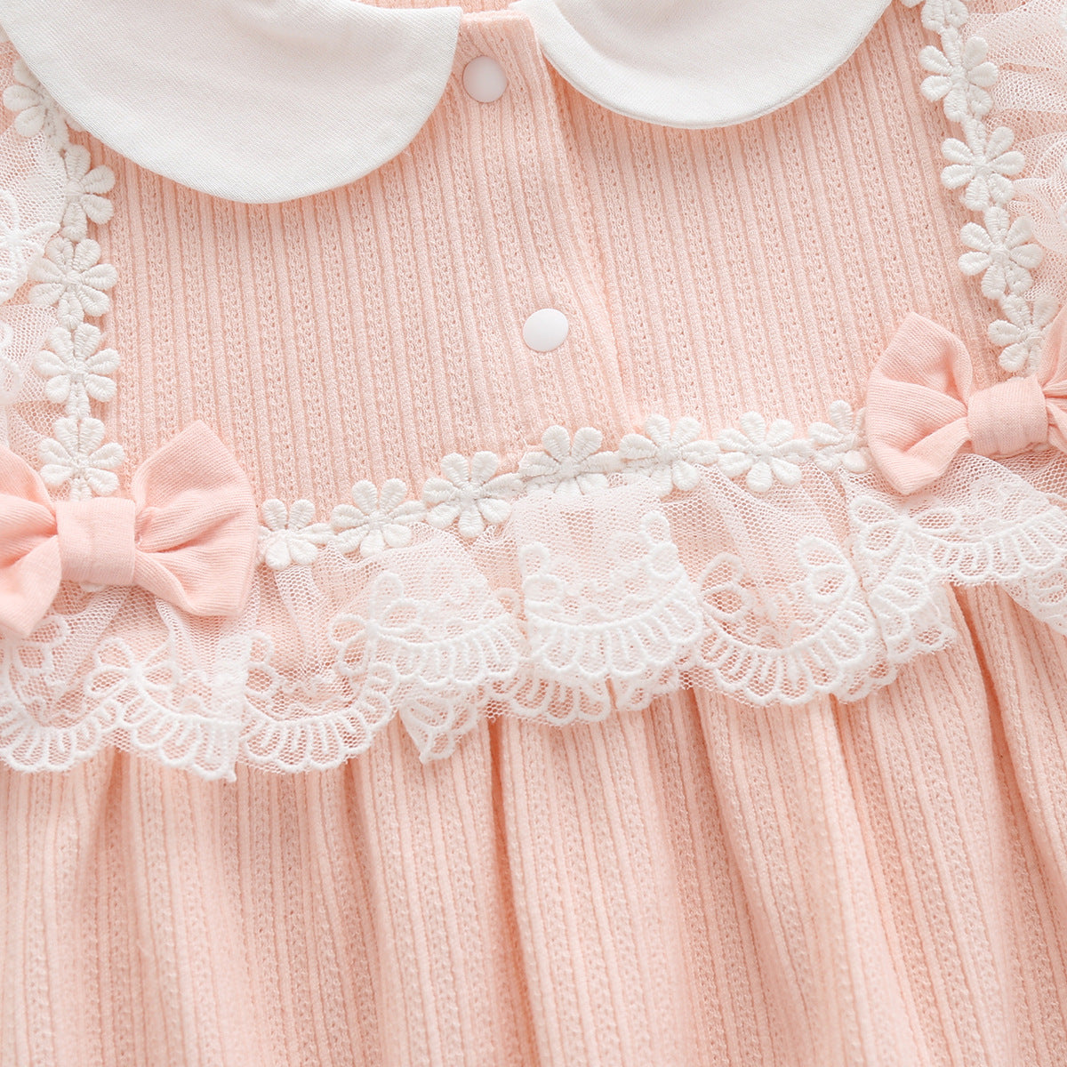 Pink Infant Girls Peter Pan Collar Cotton Bow & Lace Bodysuit