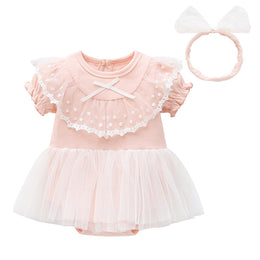 Infant Girls Peach Self Design Cotton Bodysuit With Headband