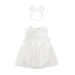 Infant Girls White Self Design Cotton A-Line Dress With Attached Bodysuit