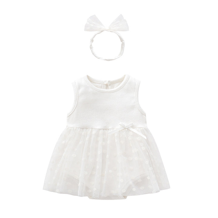 Infant Girls White Self Design Cotton A-Line Dress With Attached Bodysuit