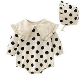 Infant Girls Beige Polka Dot Printed Cotton Bodysuit With Cap