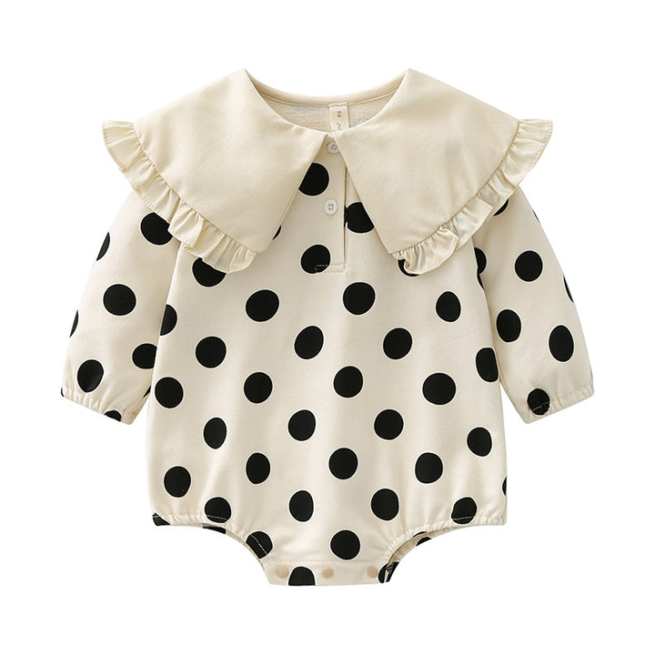 Infant Girls Beige Polka Dot Printed Cotton Bodysuit With Cap
