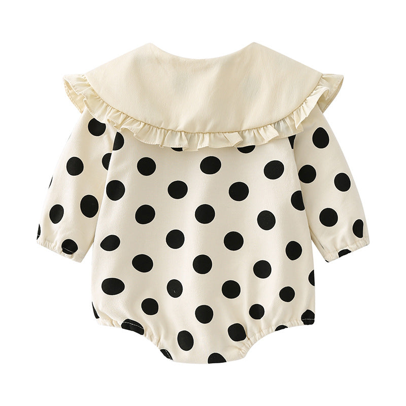 Infant Girls Beige Polka Dot Printed Cotton Bodysuit With Cap