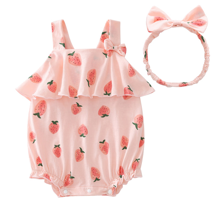 Pink Infants Girls Strawberry Printed Bow Bodysuit With Hairband