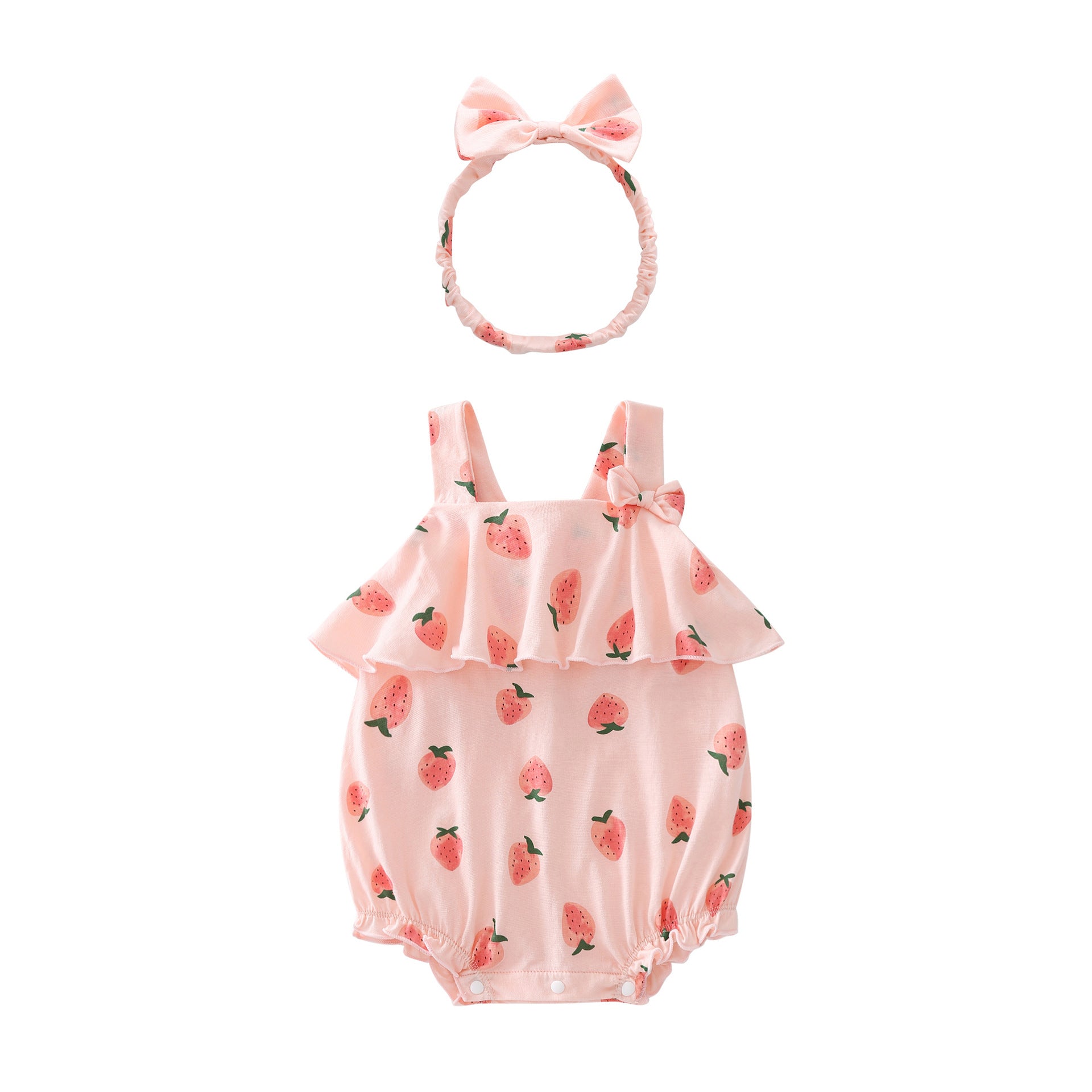Pink Infants Girls Strawberry Printed Bow Bodysuit With Hairband