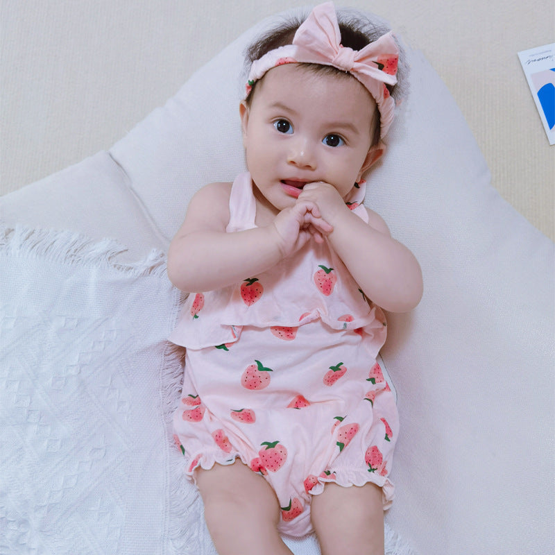 Pink Infants Girls Strawberry Printed Bow Bodysuit With Hairband