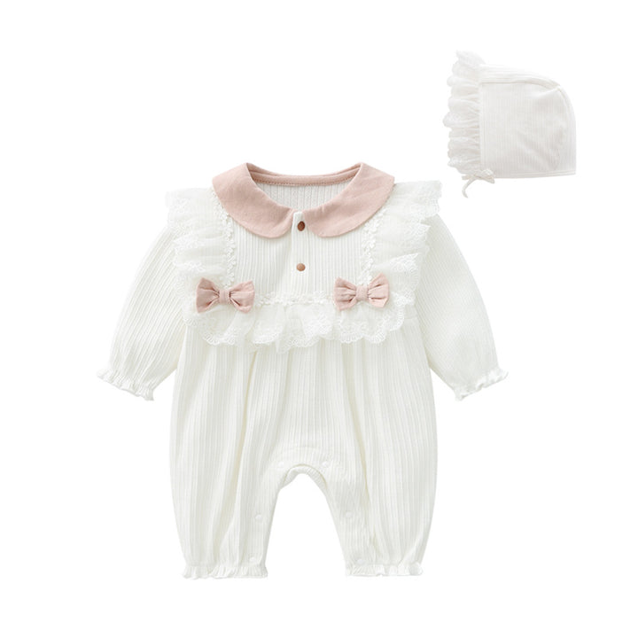 Infant Girls White & Pink Self-Design Ruffled Bow Detail Cotton Romper With Cap