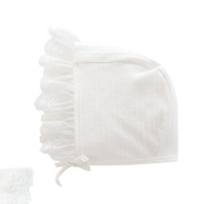 Infant Girls White & Pink Self-Design Ruffled Bow Detail Cotton Romper With Cap