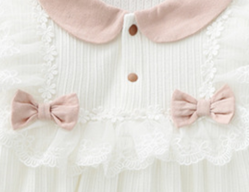 Infant Girls White & Pink Self-Design Ruffled Bow Detail Cotton Romper With Cap