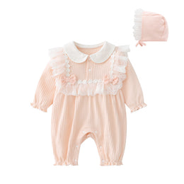 Infant Girls Peach-Coloured Pure Cotton Romper With Bonnet
