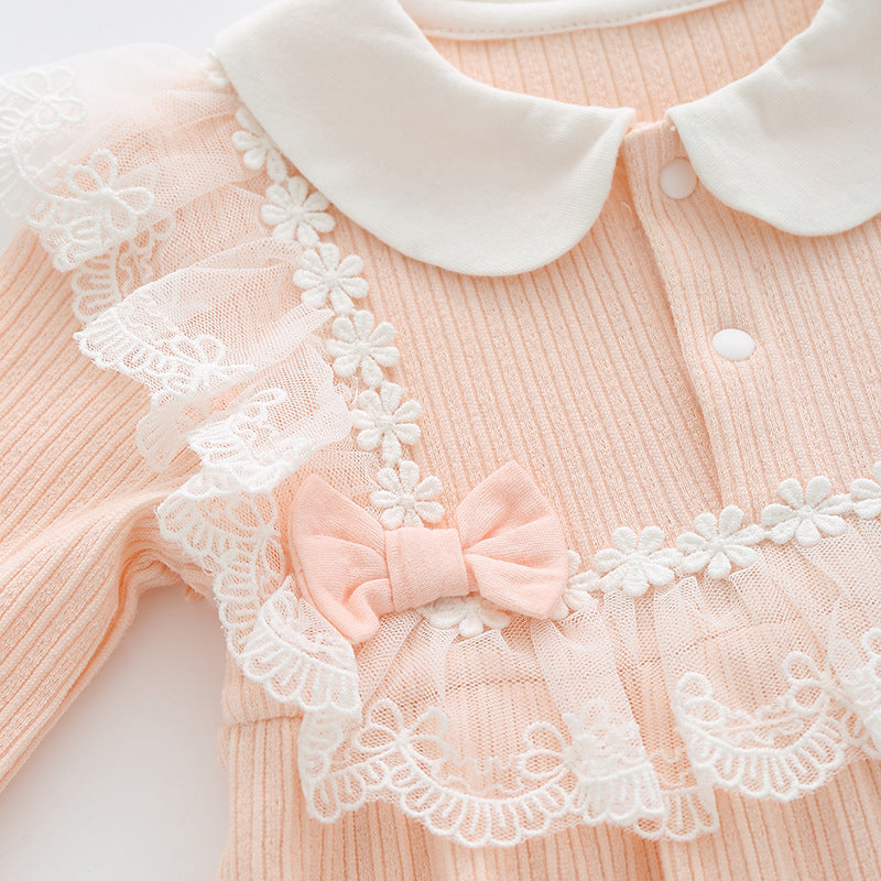 Infant Girls Peach-Coloured Pure Cotton Romper With Bonnet