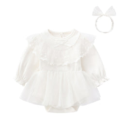Girls White Self Design Cotton Bodysuit & Headband